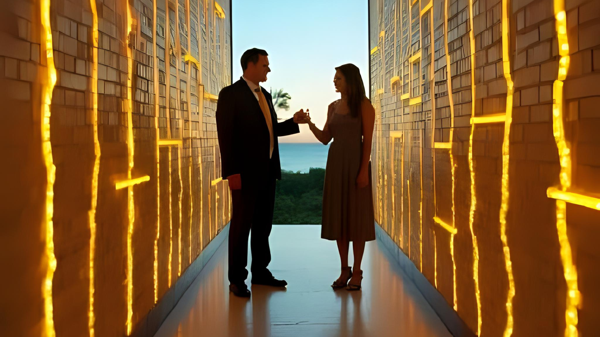 A symbolic conceptual image showing a confident lawyer helping a client through a complex maze made of glowing golden lines or walls representing legal challenges. The lawyer holds a small light, symbolizing guidance. Subtle Florida elements like palm silhouettes or beach horizon in the distance. Style: cinematic realism, muted blues and golds.